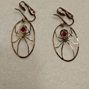 Vintage Spider Clip-On Earrings with Red Gemstone